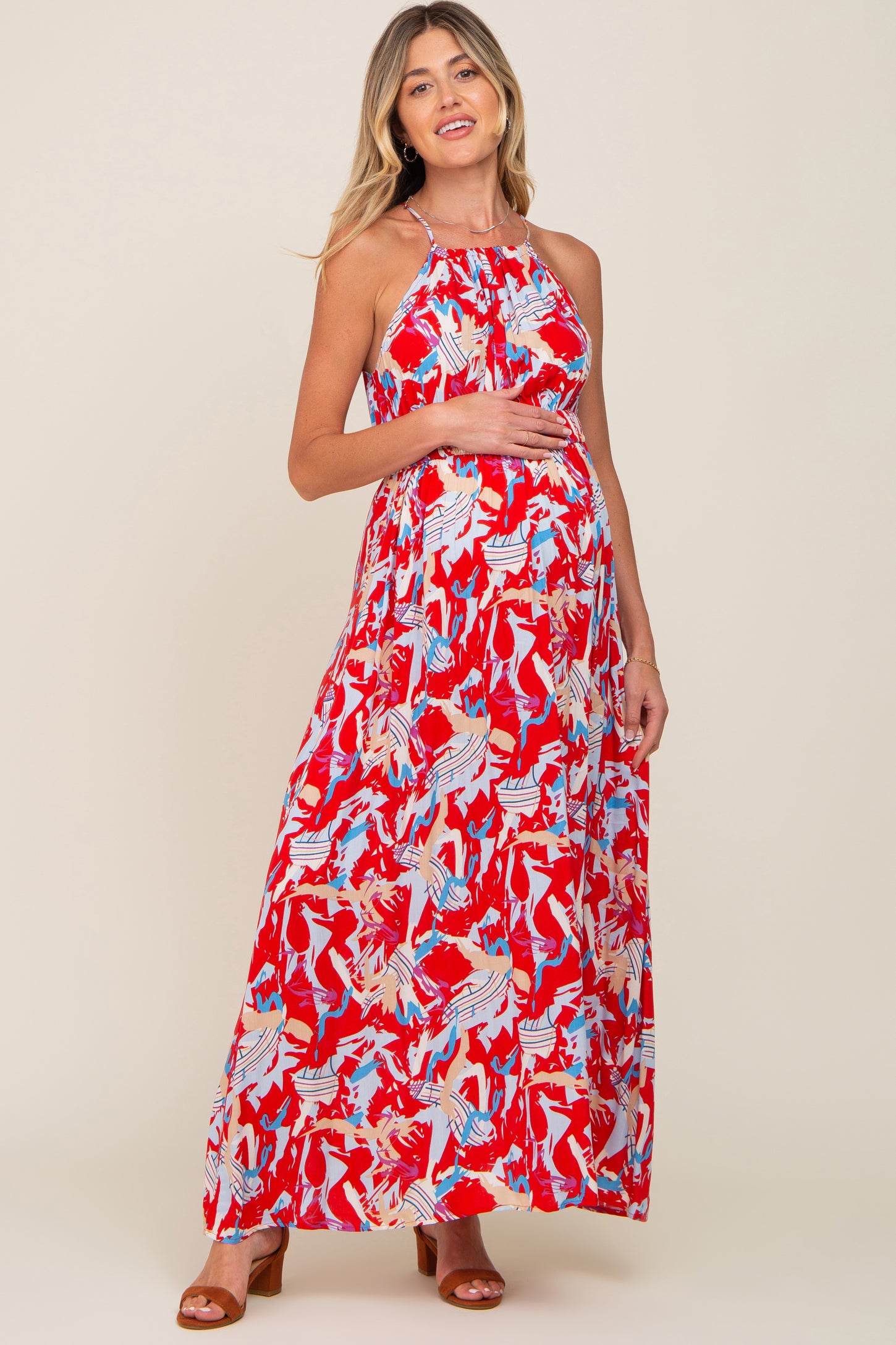 Red Printed Halter Smocked Waist Maternity Maxi Dress