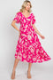 Fuchsia Tropical Print Ruffle Midi Dress