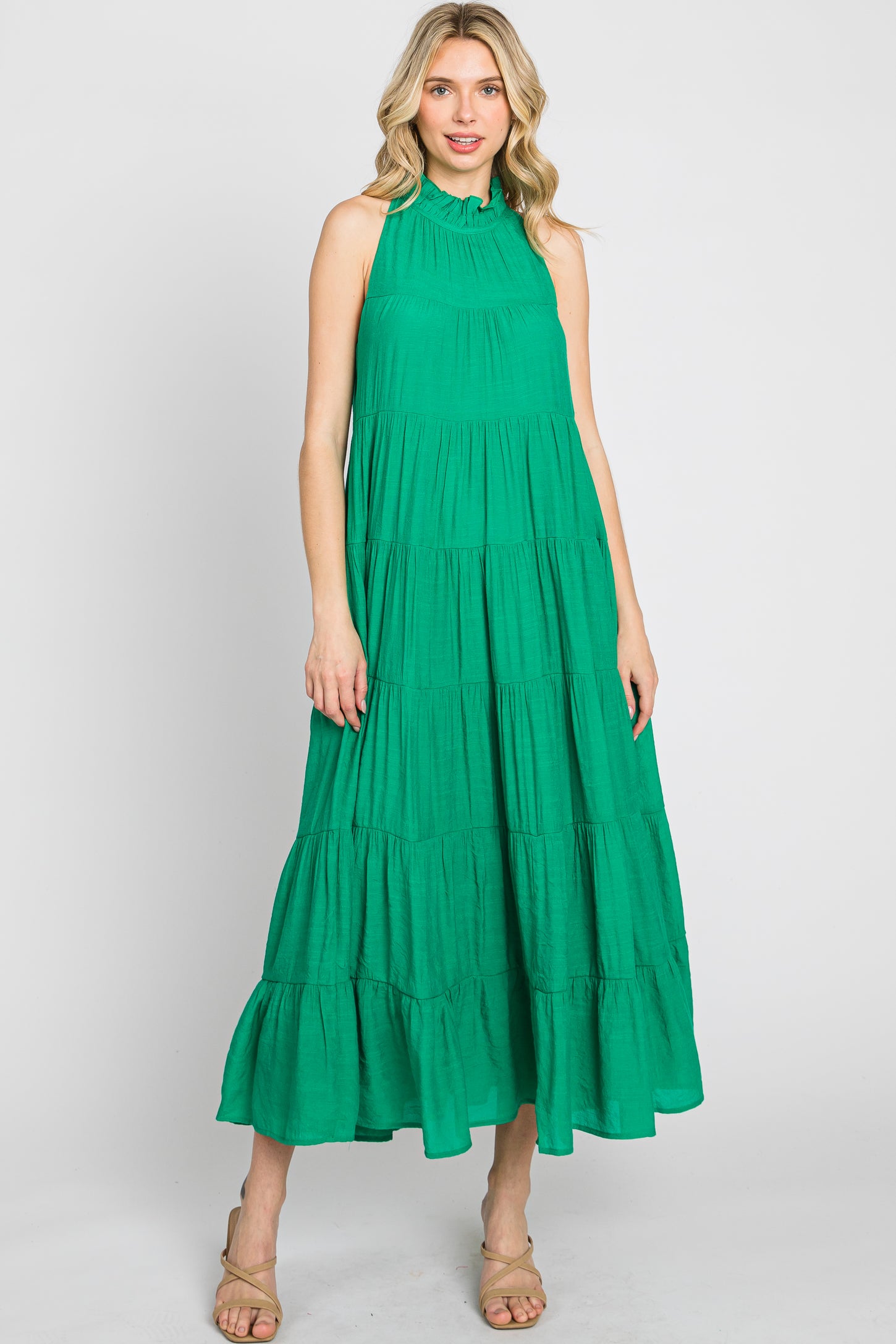 Green Tiered High Neck Maternity Maxi Dress