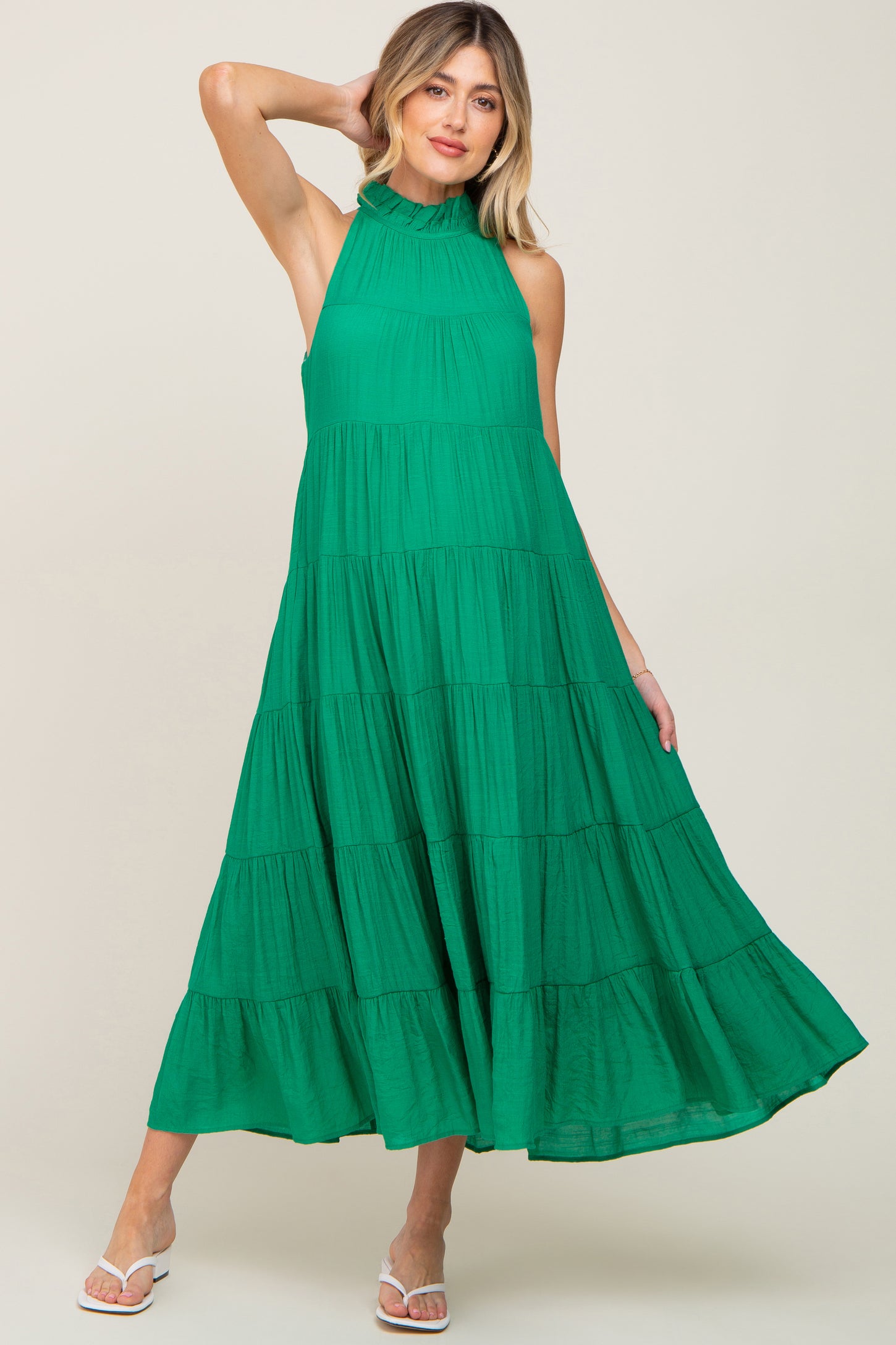 Green Tiered High Neck Maternity Maxi Dress