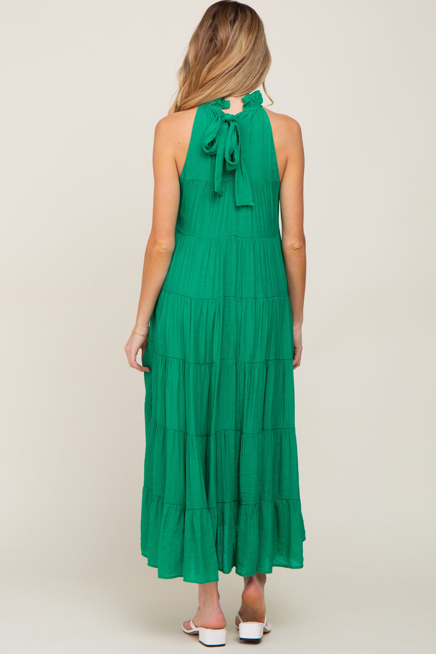 Green Tiered High Neck Maternity Maxi Dress