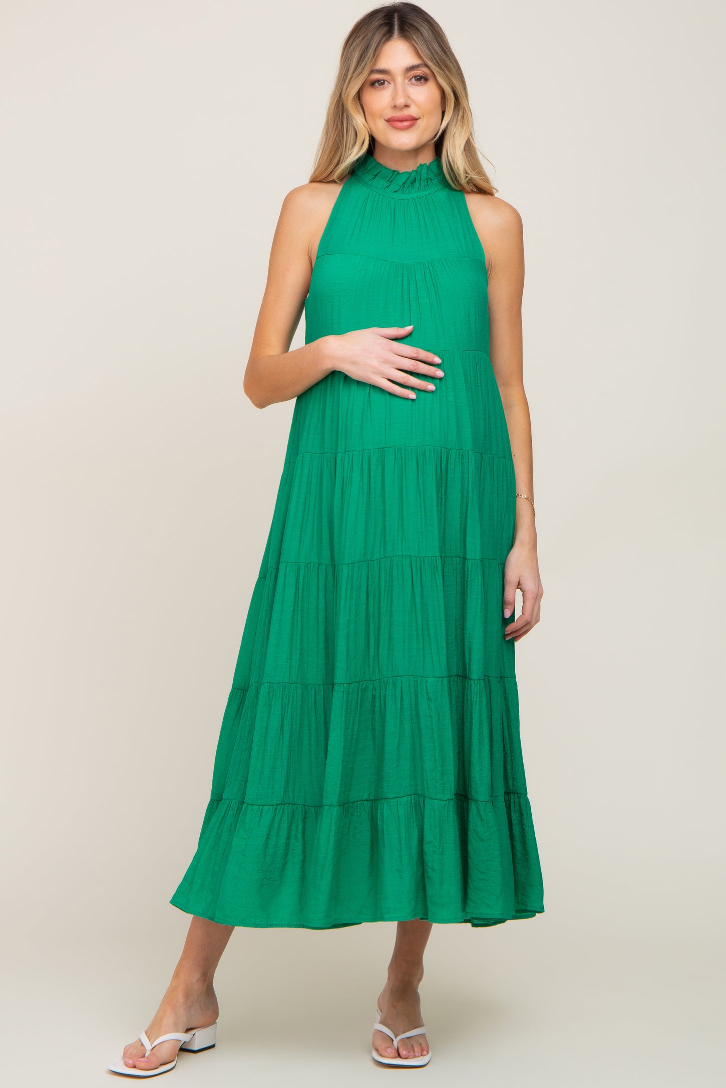 Green Tiered High Neck Maternity Maxi Dress