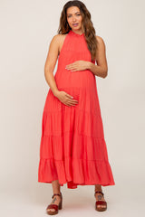 Coral Tiered High Neck Maternity Maxi Dress