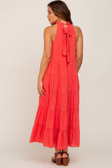 Coral Tiered High Neck Maternity Maxi Dress