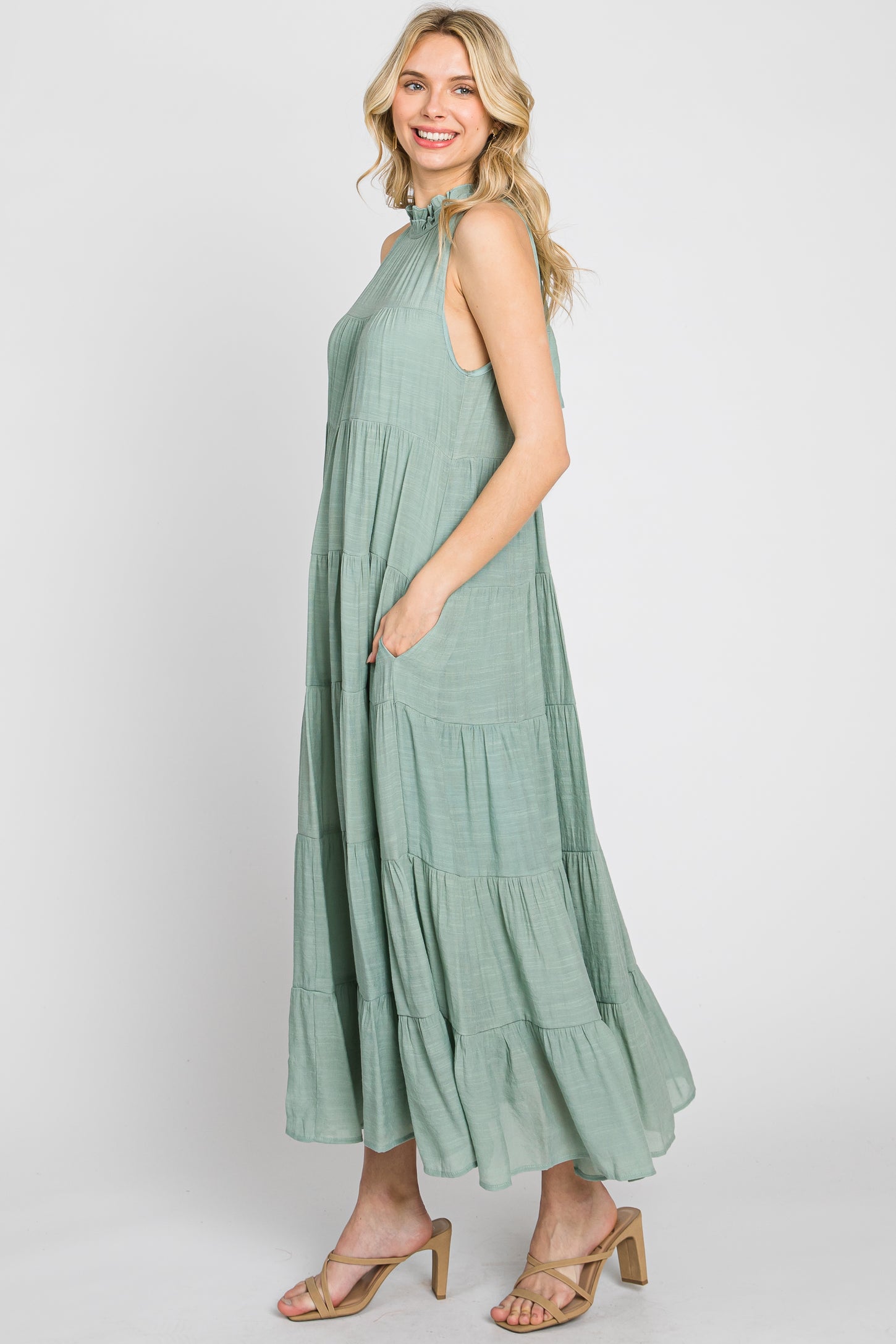 Sage Tiered High Neck Maxi Dress