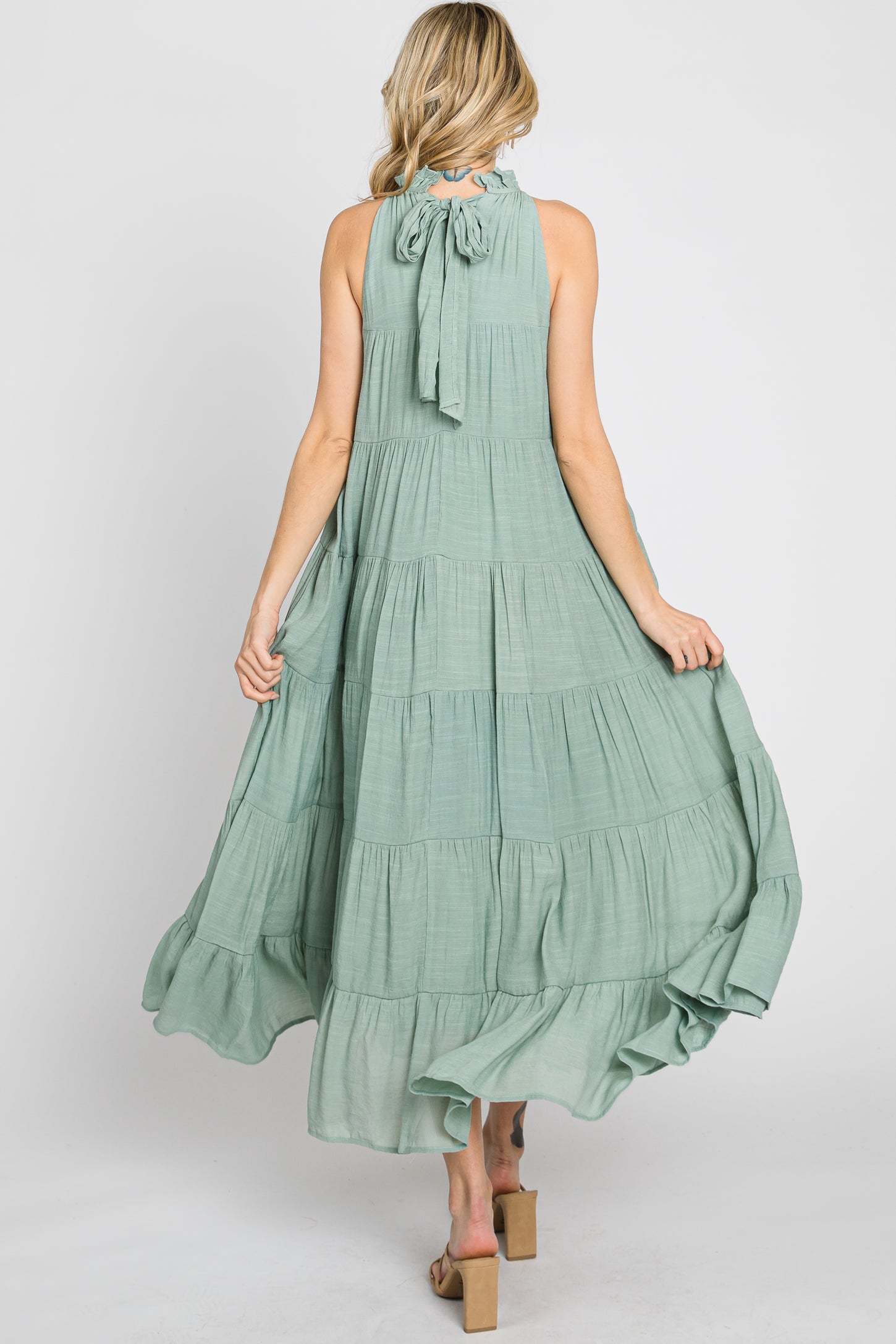 Sage Tiered High Neck Maxi Dress