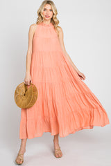 Peach Tiered High Neck Maternity Maxi Dress