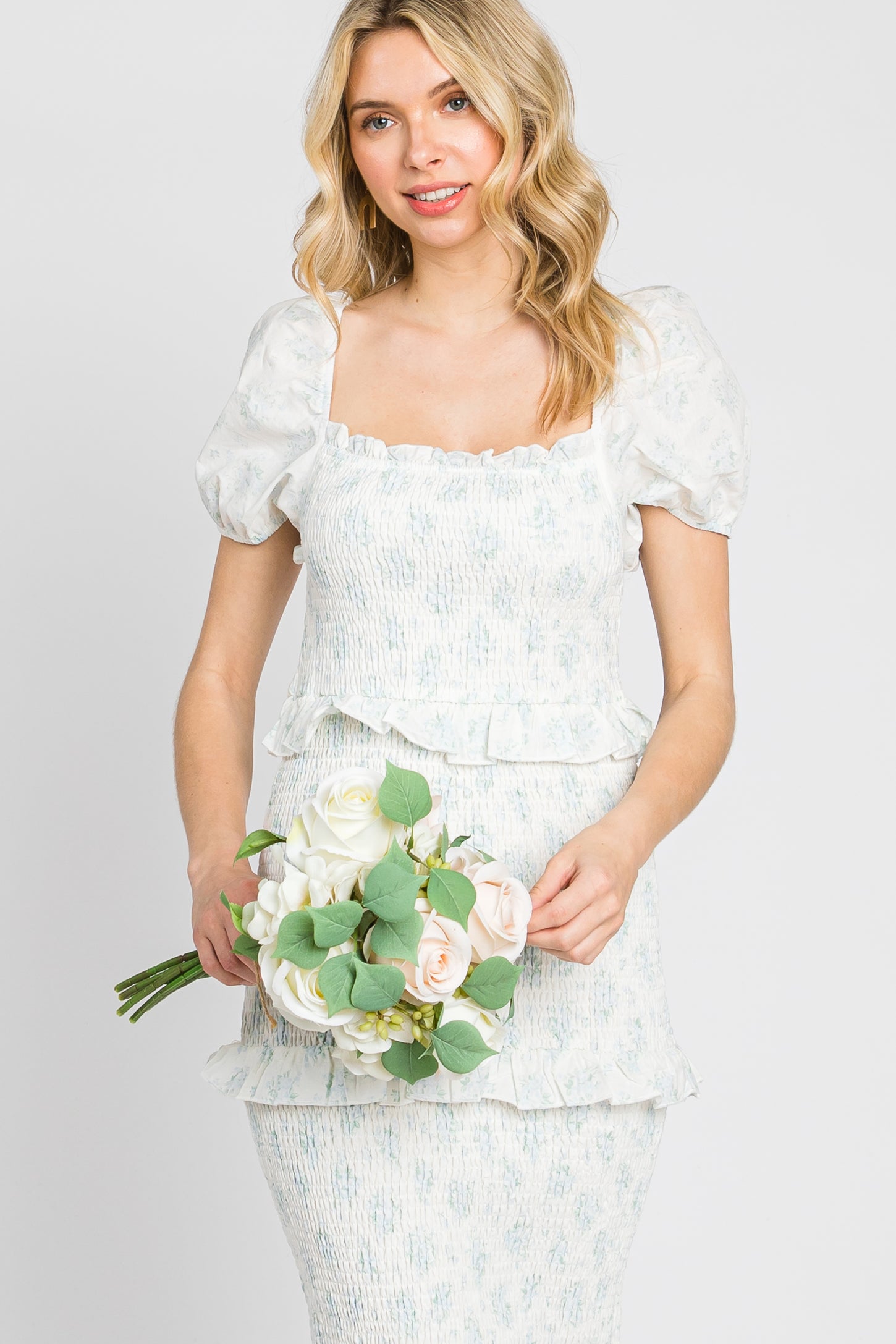 Light Blue Floral Square Neck Smocked Maxi Dress