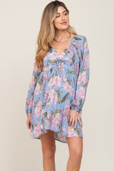 Blue Floral Cinched Front Long Sleeve Maternity Dress