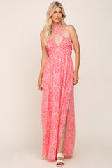 Coral Floral Halter Neck Maxi Dress