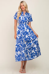 Royal Blue Floral Collared Short Sleeve Side Cutout Midi Dress