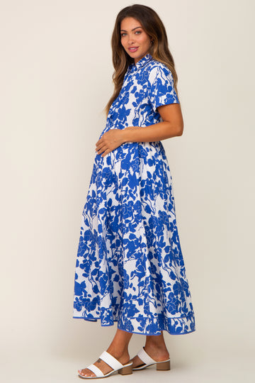 Royal Blue Floral Collared Short Sleeve Side Cutout Maternity Midi Dress