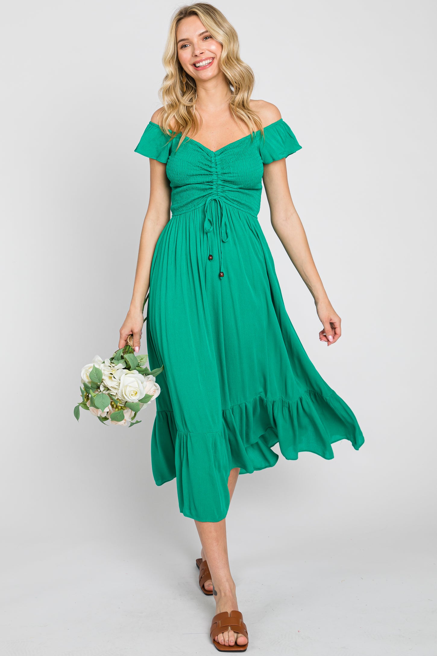 Green Smocked Ruched Ruffle Hem Maxi Dress