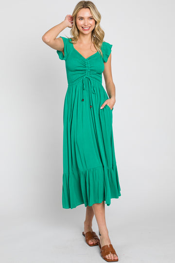 Green Smocked Ruched Ruffle Hem Maxi Dress