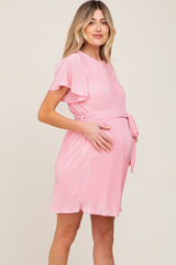 Pink Pleated Front Tie Maternity Dress