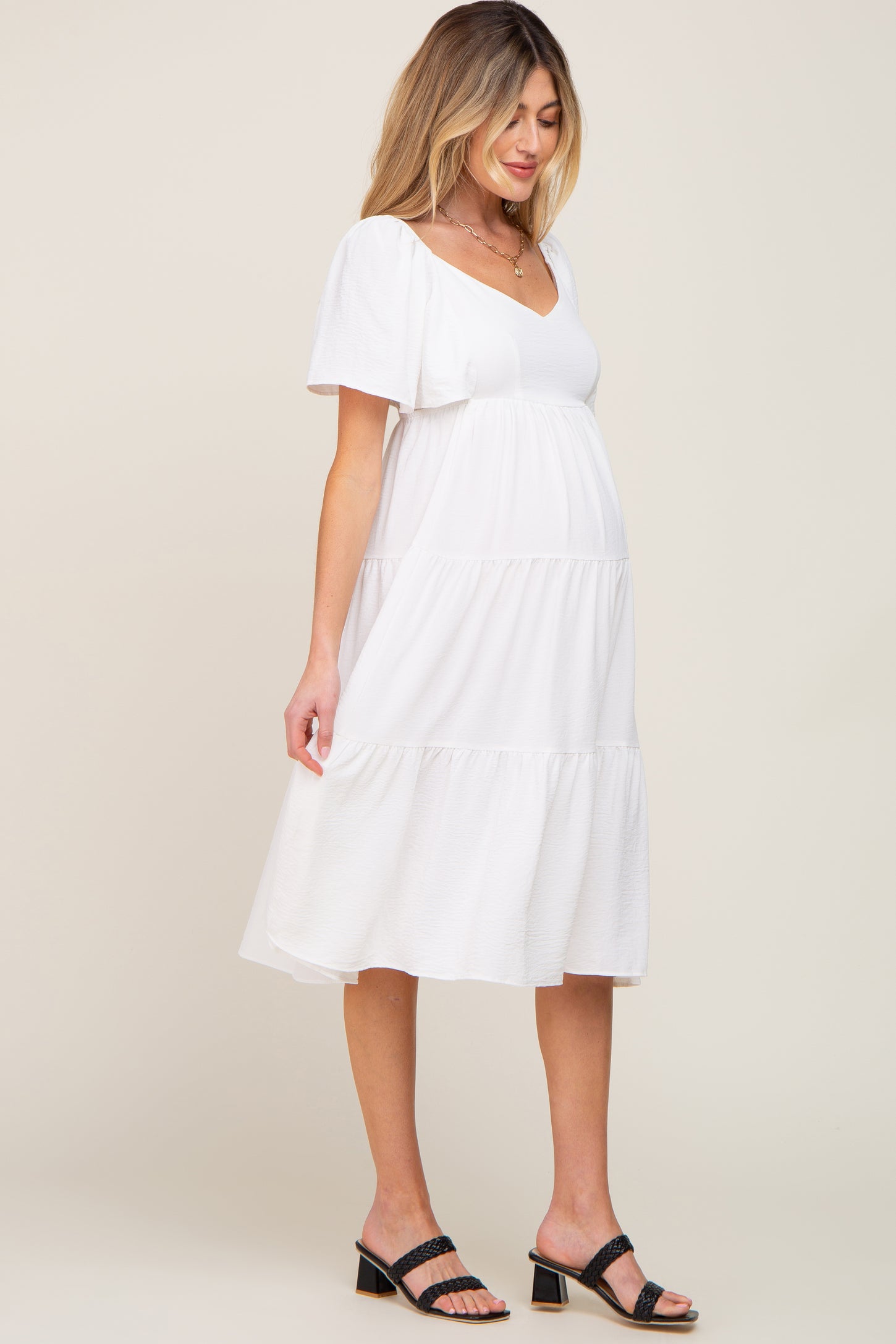White Tiered Criss Cross Back Maternity Midi Dress