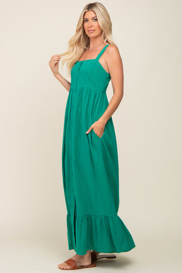 Green Front Button Sleeveless Maxi Dress