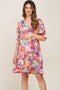 Fuchsia Floral V-Neck Puff Sleeve Maternity Dress