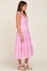 Pink Linen Button Front Shoulder Tie Tiered Midi Dress