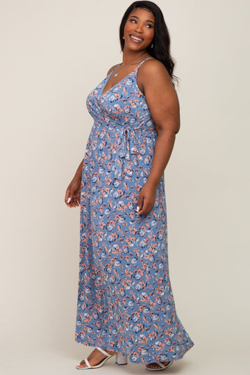 Blue Floral Wrap Front V-Neck Plus Maxi Dress