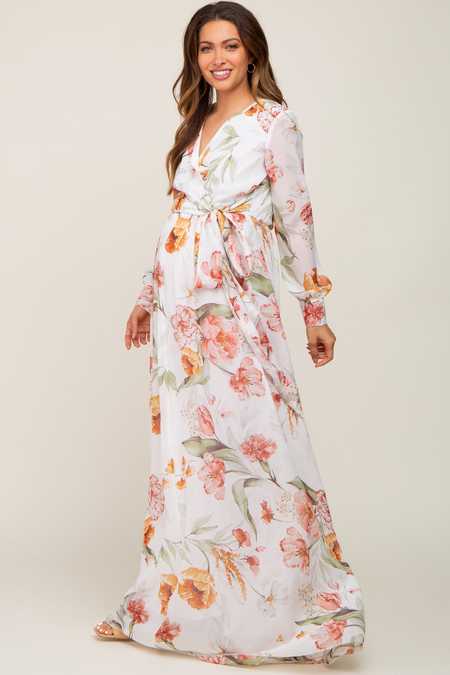 Ivory Floral Chiffon Long Sleeve Maternity Maxi Dress