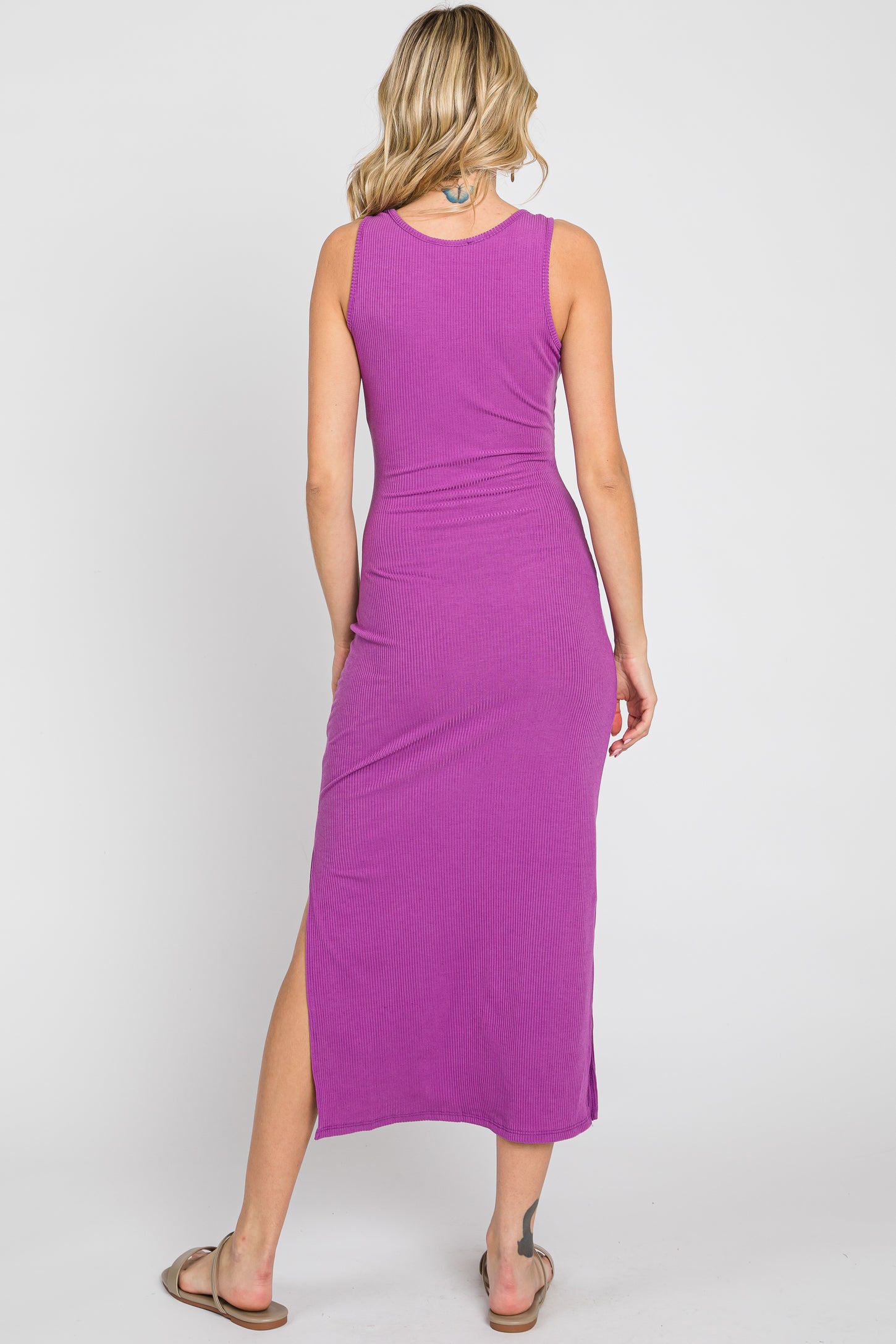 Purple Ribbed Side Slit Midi Dress