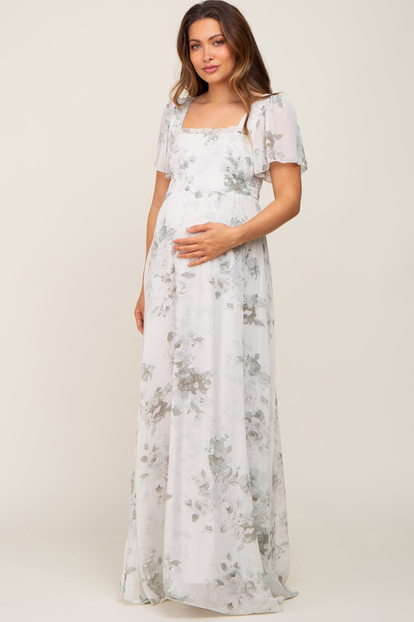 Mint Green Floral Chiffon Square Neck Smocked Maternity Maxi Dress