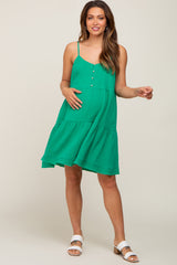 Green Front Button Tiered Maternity Dress