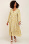 Yellow Floral Front Tie Long Sleeve Tiered Midi Dress