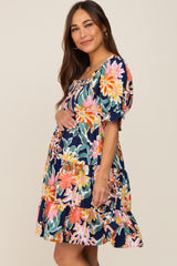 Navy Blue Floral Square Ruffle Neck Tiered Short Sleeve Maternity Dress