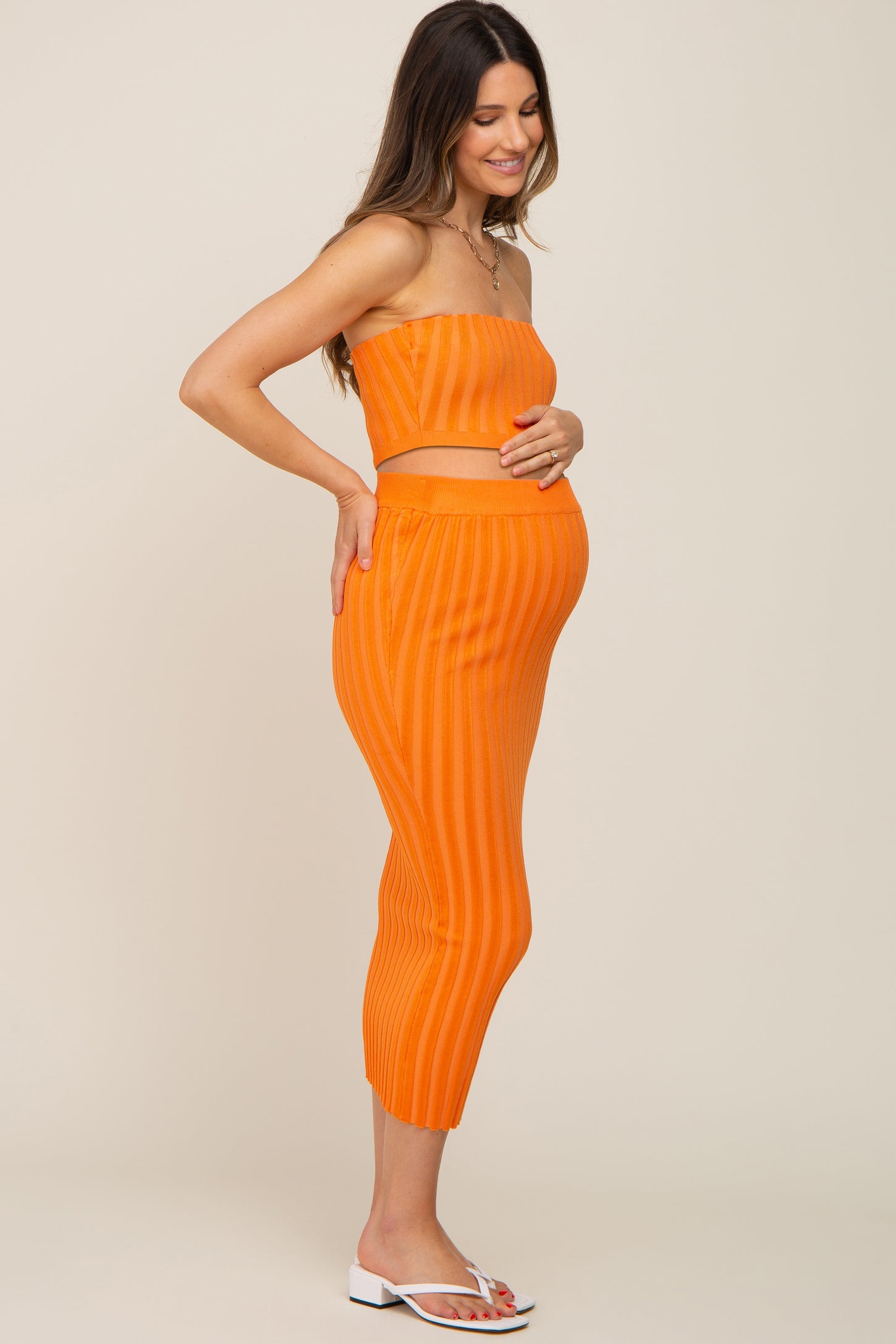 Orange Ribbed Strapless Two Piece Maternity Skirt Set