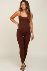 Brown Ribbed Sleeveless Maternity Jumpsuit