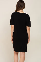 Black Button Accent Short Sleeve Maternity Dress