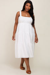 White Textured Striped Tiered Maternity Plus Midi Dress