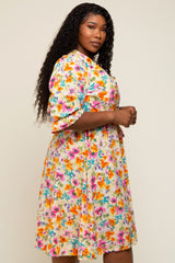 Yellow Floral 3/4 Sleeve Wrap Plus Dress
