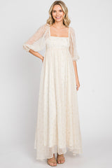 Cream Floral Square Neck Puff Sleeve Organza Maxi Dress