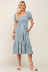 Mint Puff Sleeve Ruffle Hem Midi Dress