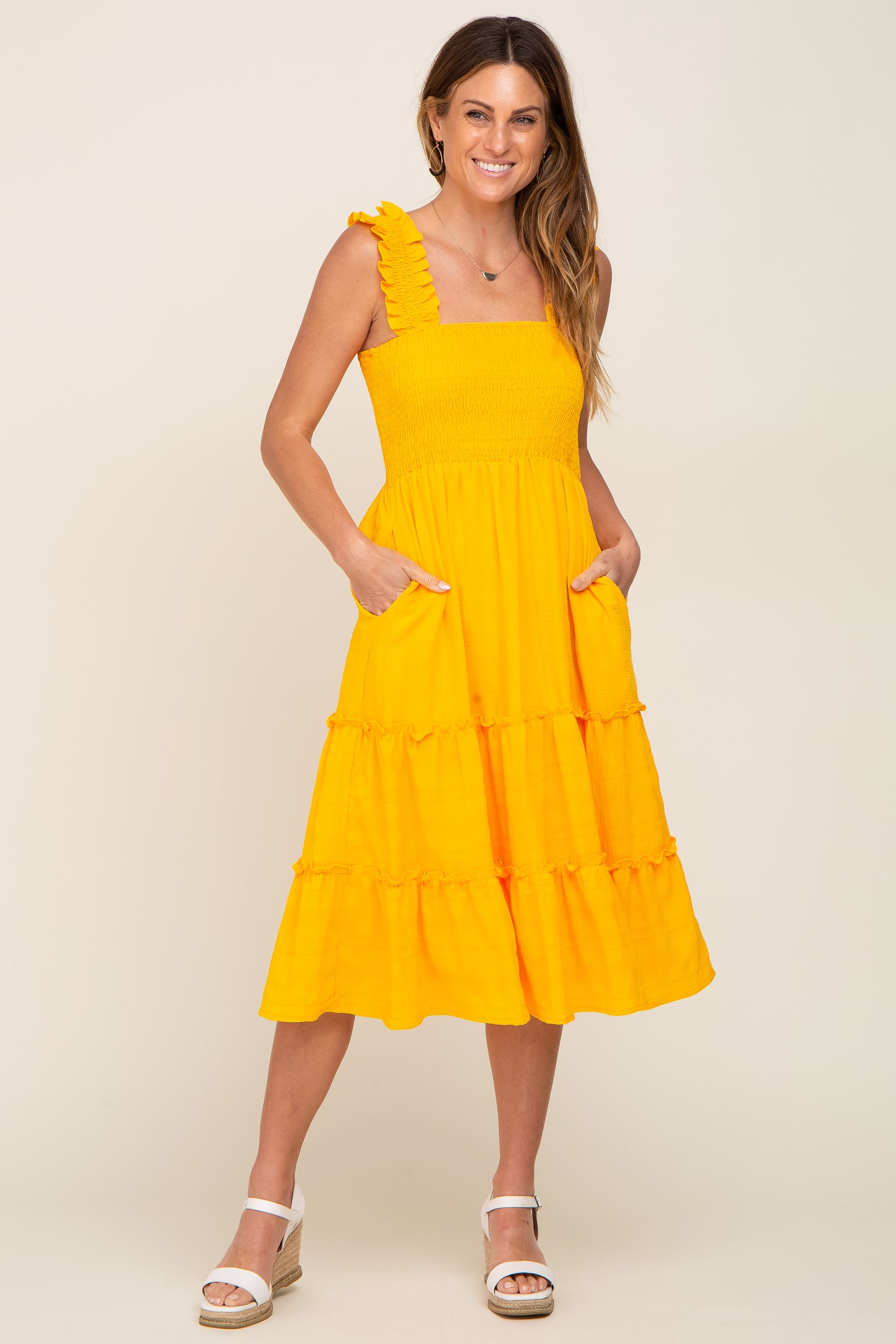 Yellow Smocked Square Neck Ruffle Strap Tiered Midi Dress