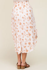 Mocha Floral Smocked Waist Round Hem Midi Skirt