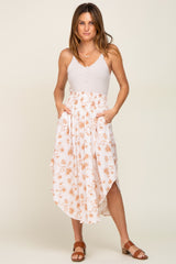 Mocha Floral Smocked Waist Round Hem Midi Skirt