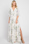 Mint Green Floral Chiffon Double V-Neck Smocked Waist Front Slit Maxi Dress