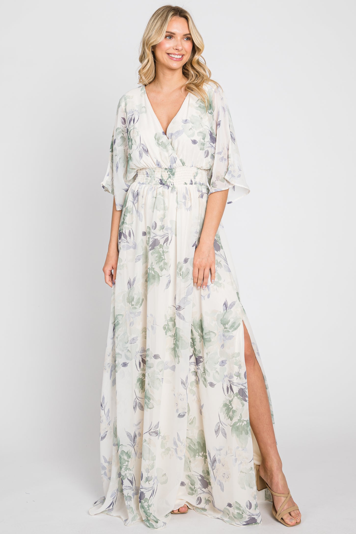 Mint Green Floral Chiffon Double V-Neck Smocked Waist Front Slit Maternity Maxi Dress