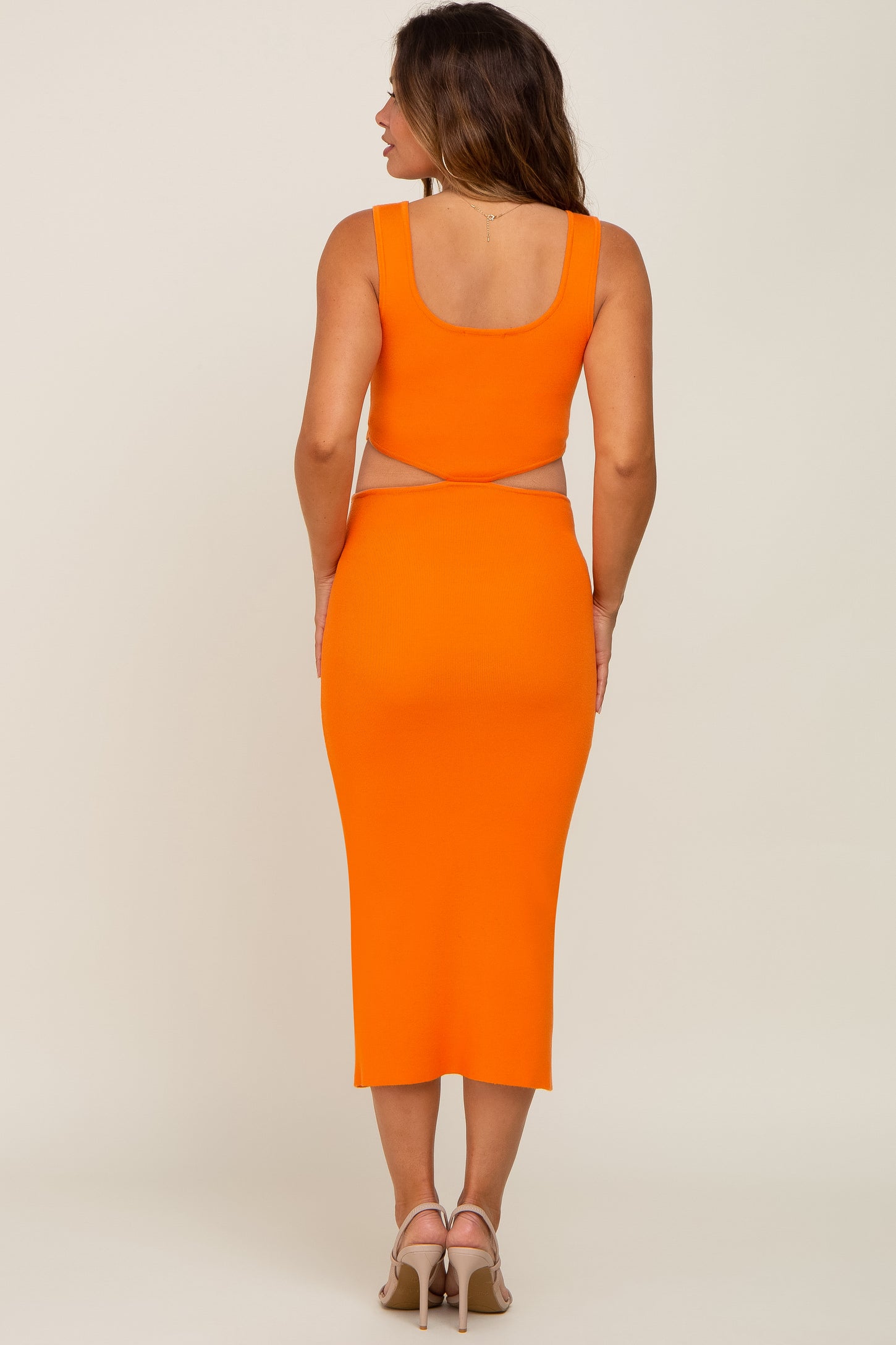 Orange Sleeveless Side Cutout Maternity Midi Dress