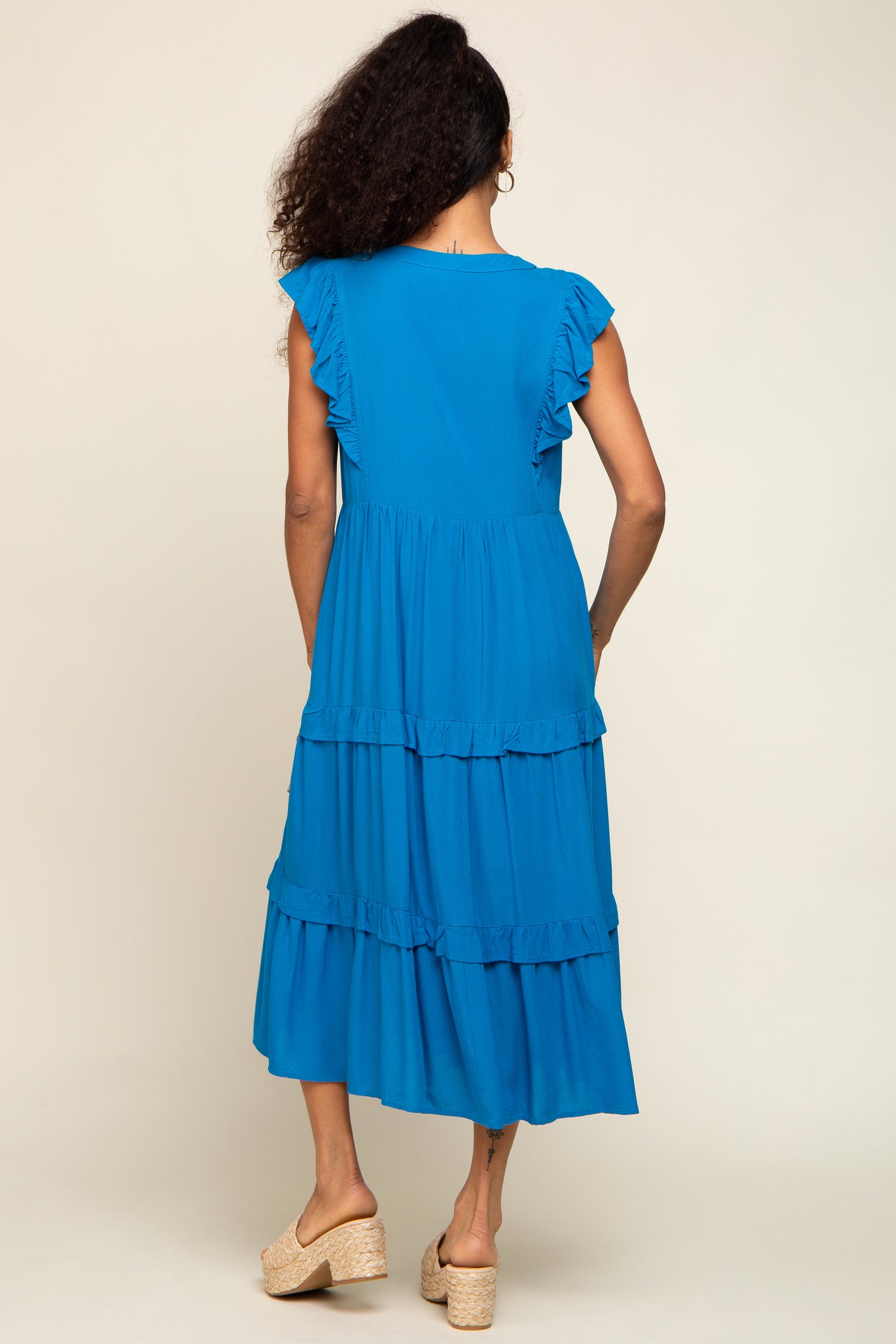 Aqua Ruffle Accent Tiered Midi Dress