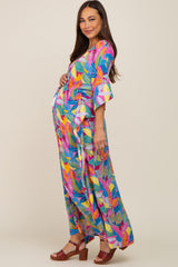Magenta Multicolor Leaf Pint Tassel Tie Maternity Maxi Dress