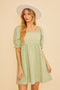 Light Olive Floral Textured Square Neck Babydoll Dress