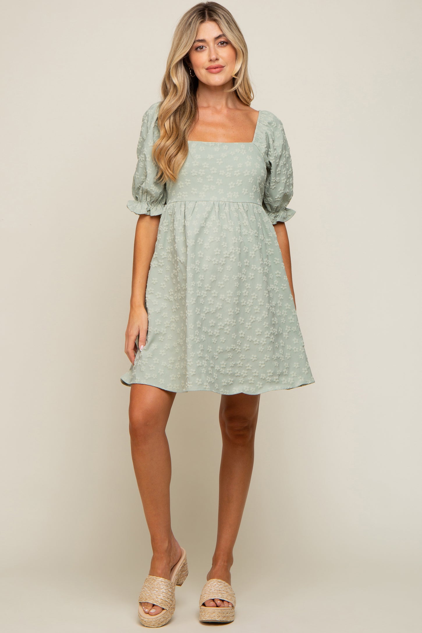 Light Olive Floral Textured Square Neck Babydoll Maternity Dress
