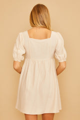 Cream Ribbed Button Front Flower Embroidered Dress