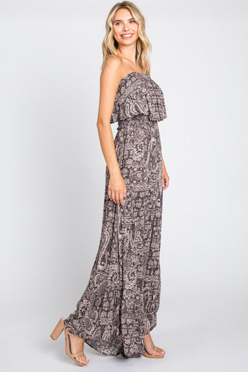 Blue Paisley Strapless Ruffle Wide Leg Jumpsuit