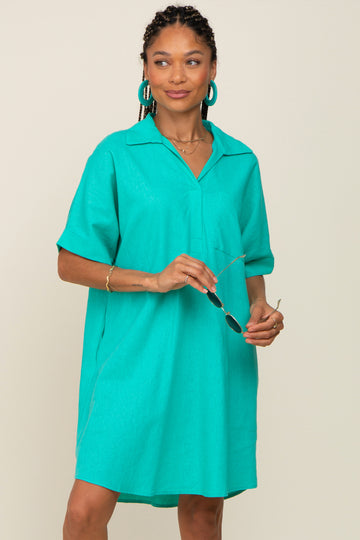 Aqua Linen Collared Front Pocket Short Sleeve Dress